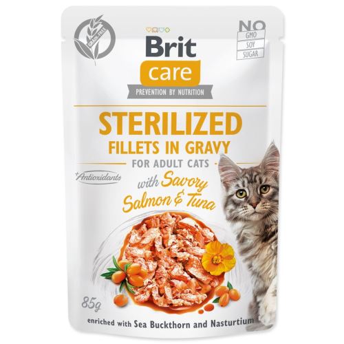 BRIT Care Cat Sterilized Filets in Bratensoße mit herzhaftem Lachs und Thunfisch 85 g